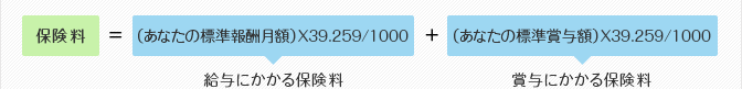 保険料＝（あなたの標準報酬月額）X39.259/1000＋（あなたの標準賞与額）X39.259/1000　給与にかかる保険料　賞与にかかる保険料